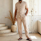 Mens Solid-Colored Lapel Casual Shirt And Pants Set