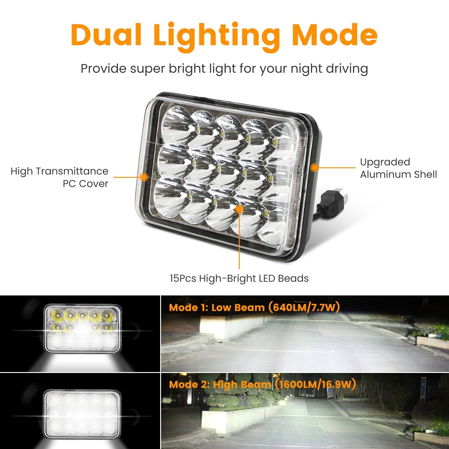 2Pcs 4x6in Car LED Headlights Vehicle Rectangular Headlamp With H4 Socket H4 - to - 3Pins Adapter With High Low Beam White Light IP68 Waterproof For 10 - 80V SUV Truck Sedan Car Motorcycle - VibraStore