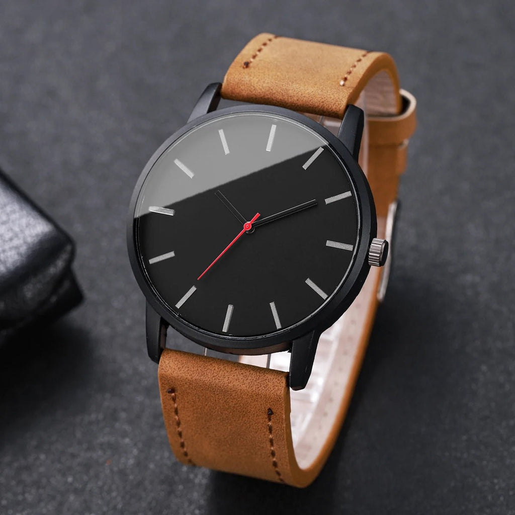 2PCs Men's Gentleman Watch Simple Classic Round Dial Quartz Watch Men's PU Leather Strap Simulated Watch Set - VibraStore