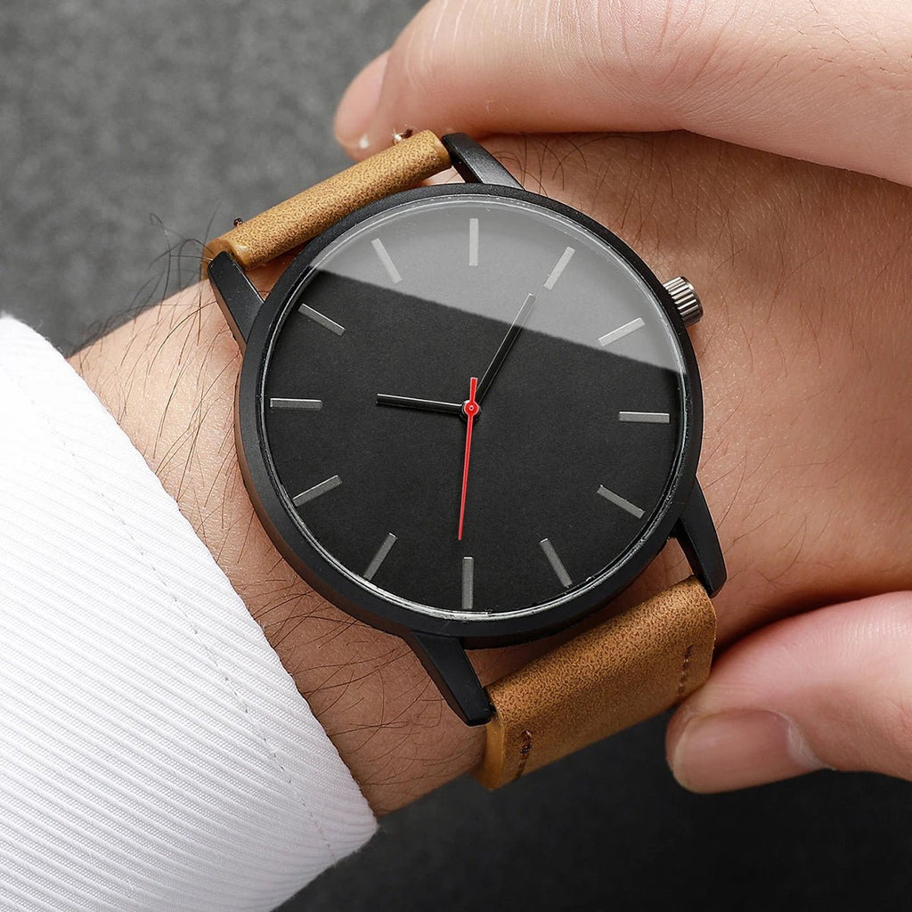 2PCs Men's Gentleman Watch Simple Classic Round Dial Quartz Watch Men's PU Leather Strap Simulated Watch Set - VibraStore