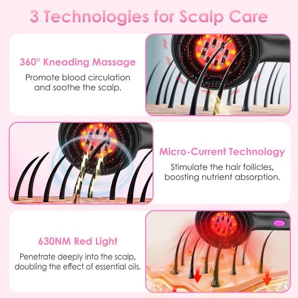 3 In 1 Red Light Scalp Massager Brush Cordless Hair Oil Applicator Massage Comb With 3 Modes Rechargeable IPX7 Waterproof - VibraStore