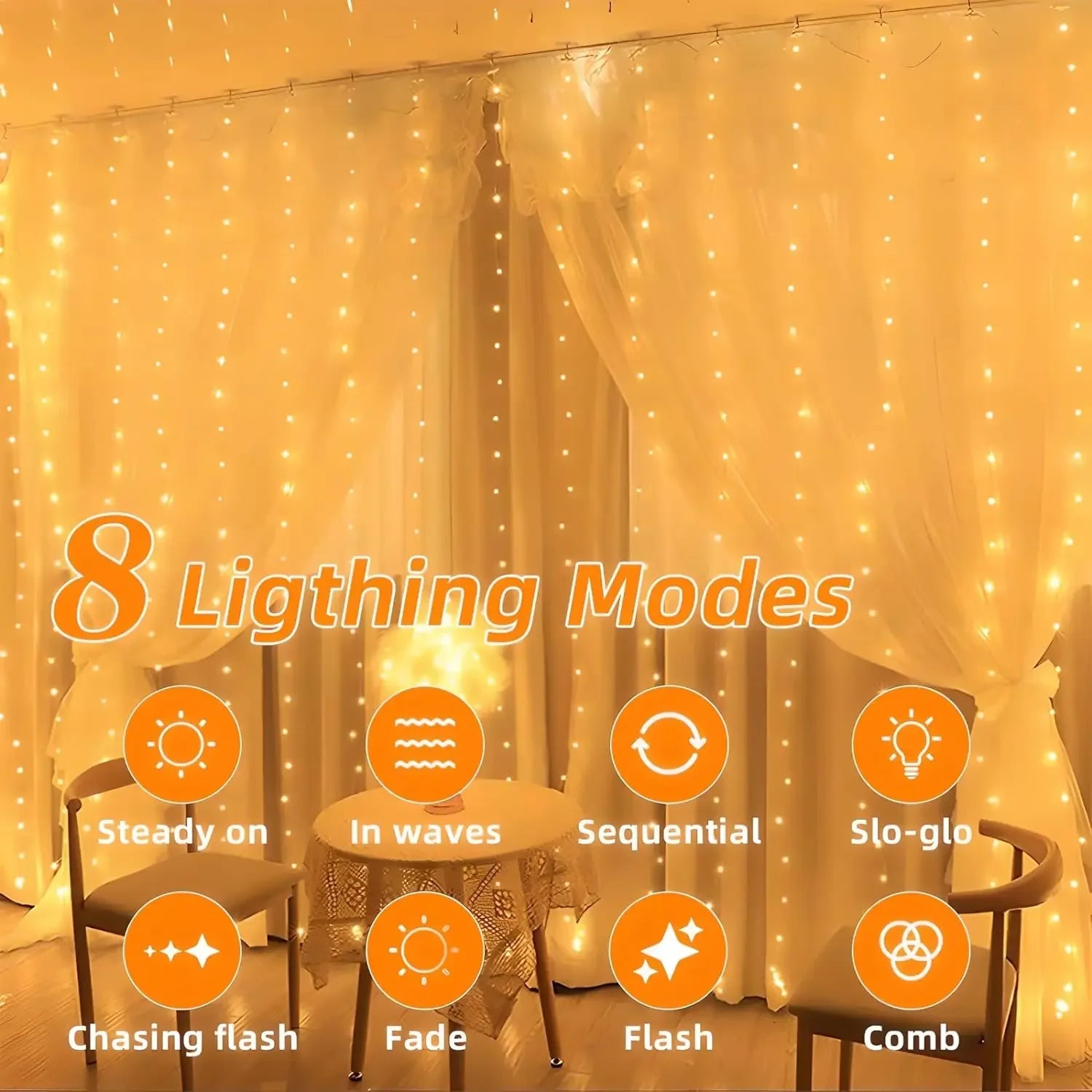 300 luces LED solares para cortina de patio, guirnaldas de luces impermeables para exteriores con 8 modos para jardín, ventana, dormitorio, boda - VibraStore
