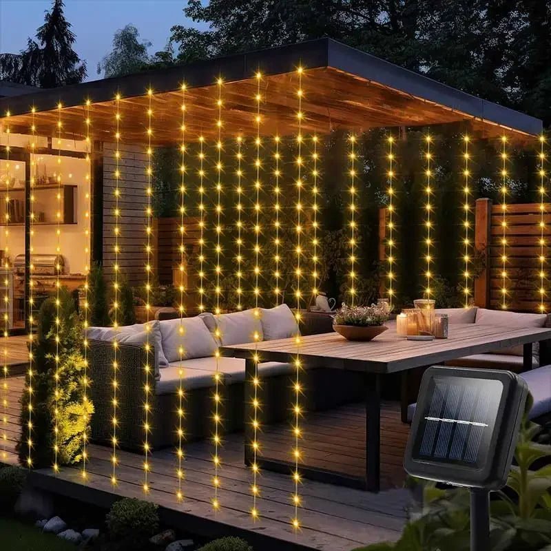 300 luces LED solares para cortina de patio, guirnaldas de luces impermeables para exteriores con 8 modos para jardín, ventana, dormitorio, boda - VibraStore