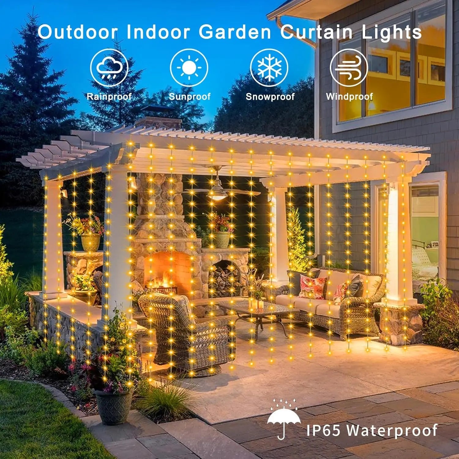 300 luces LED solares para cortina de patio, guirnaldas de luces impermeables para exteriores con 8 modos para jardín, ventana, dormitorio, boda - VibraStore