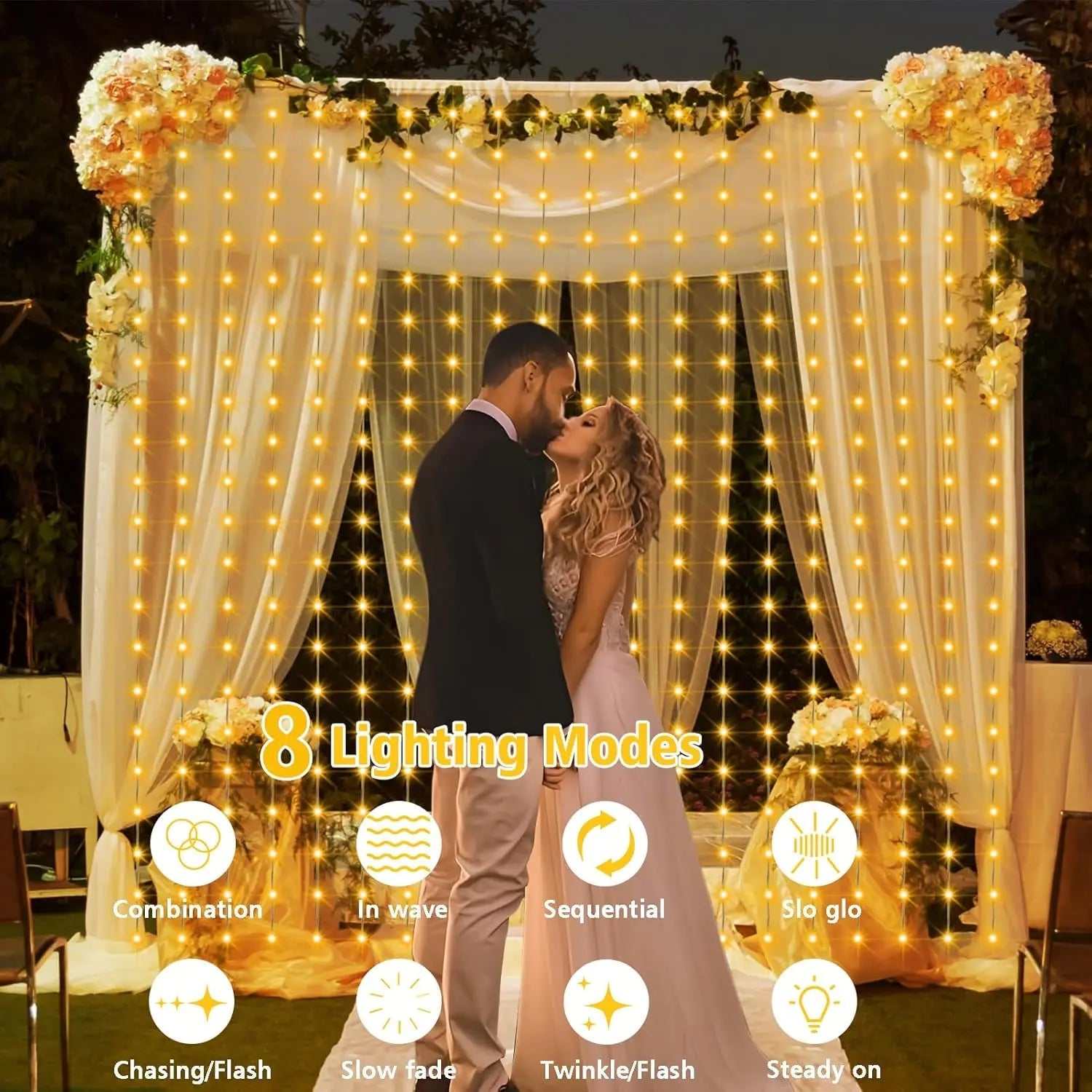 300 luces LED solares para cortina de patio, guirnaldas de luces impermeables para exteriores con 8 modos para jardín, ventana, dormitorio, boda - VibraStore