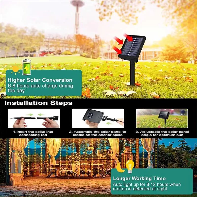 300 luces LED solares para cortina de patio, guirnaldas de luces impermeables para exteriores con 8 modos para jardín, ventana, dormitorio, boda - VibraStore
