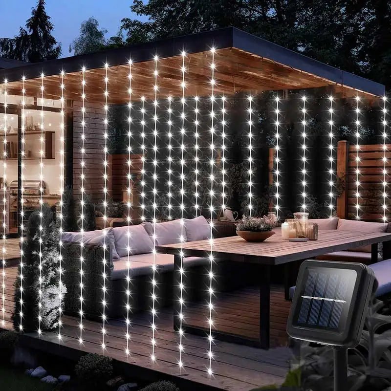 300 luces LED solares para cortina de patio, guirnaldas de luces impermeables para exteriores con 8 modos para jardín, ventana, dormitorio, boda - VibraStore