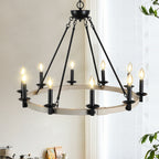 32  Rustic Farmhouse 10-Light Candle Chandelier, Black Metal And Wood Round Hanging Light Fixture For Dining Room, Kitchen, Living Room, Adjustable Height, E12 Bulb Base  No Bulbs