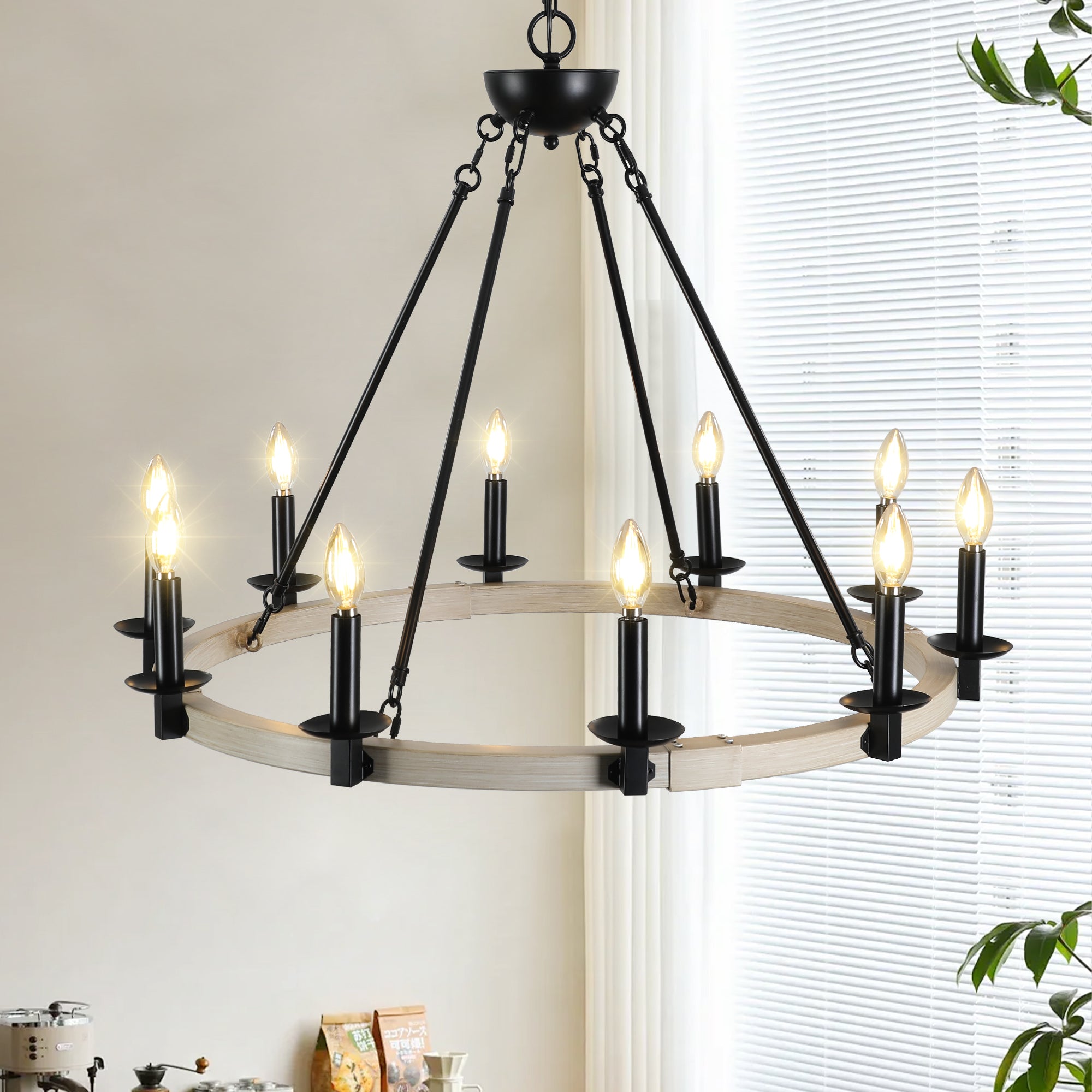 32  Rustic Farmhouse 10-Light Candle Chandelier, Black Metal And Wood Round Hanging Light Fixture For Dining Room, Kitchen, Living Room, Adjustable Height, E12 Bulb Base  No Bulbs