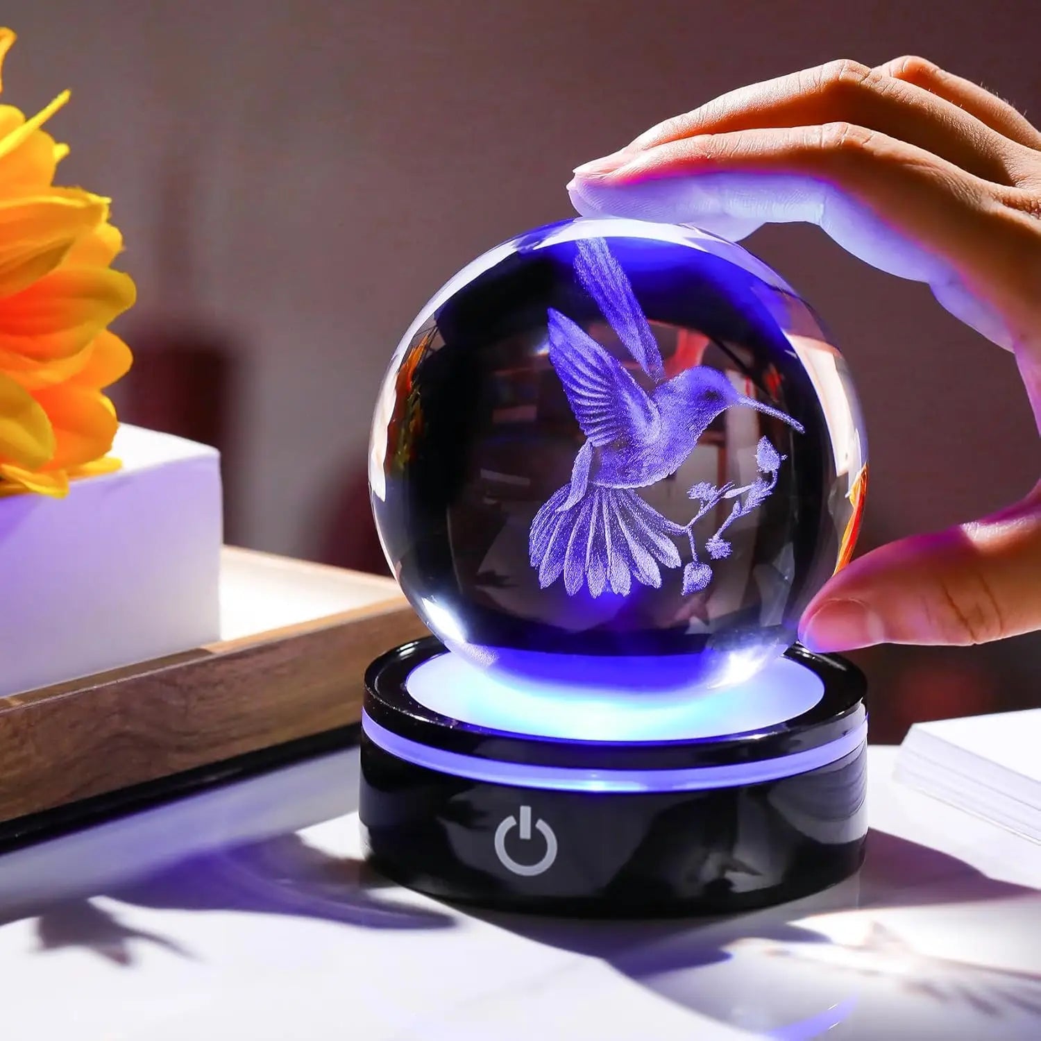 3D Crystal Ball Hummingbird Figurine with LED Base Gifts for Christmas Birthday Ornament Glass Decorative Ball for Home Decor - VibraStore