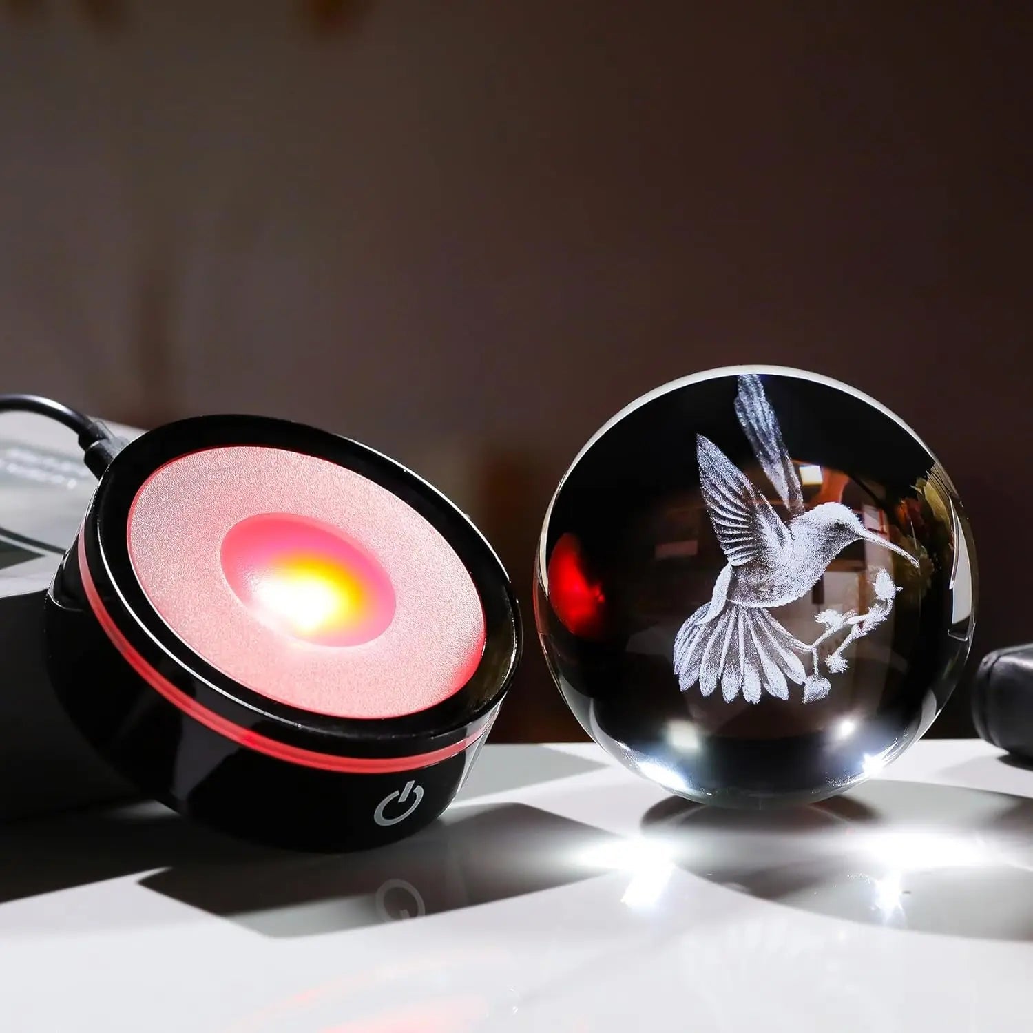 3D Crystal Ball Hummingbird Figurine with LED Base Gifts for Christmas Birthday Ornament Glass Decorative Ball for Home Decor - VibraStore