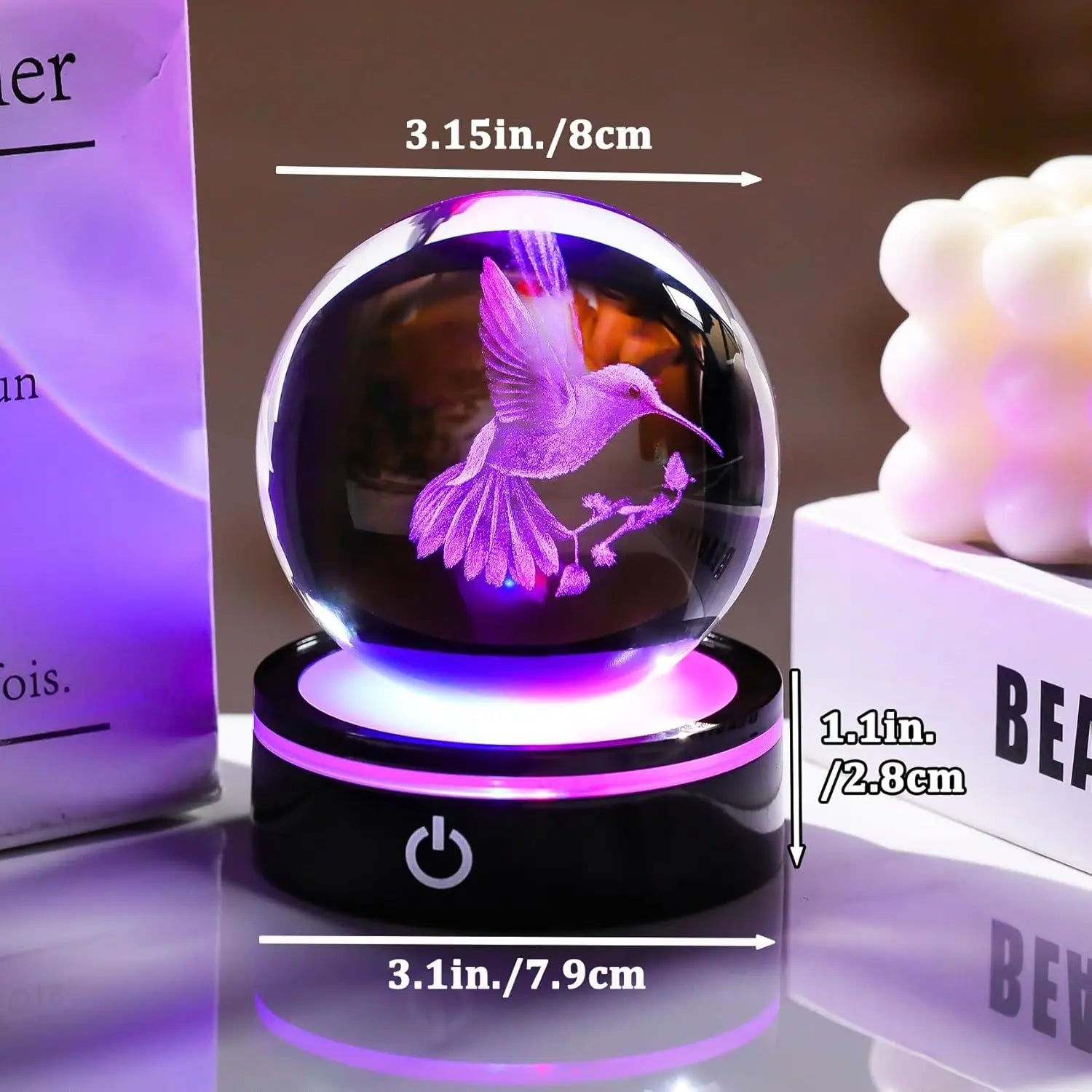 3D Crystal Ball Hummingbird Figurine with LED Base Gifts for Christmas Birthday Ornament Glass Decorative Ball for Home Decor - VibraStore