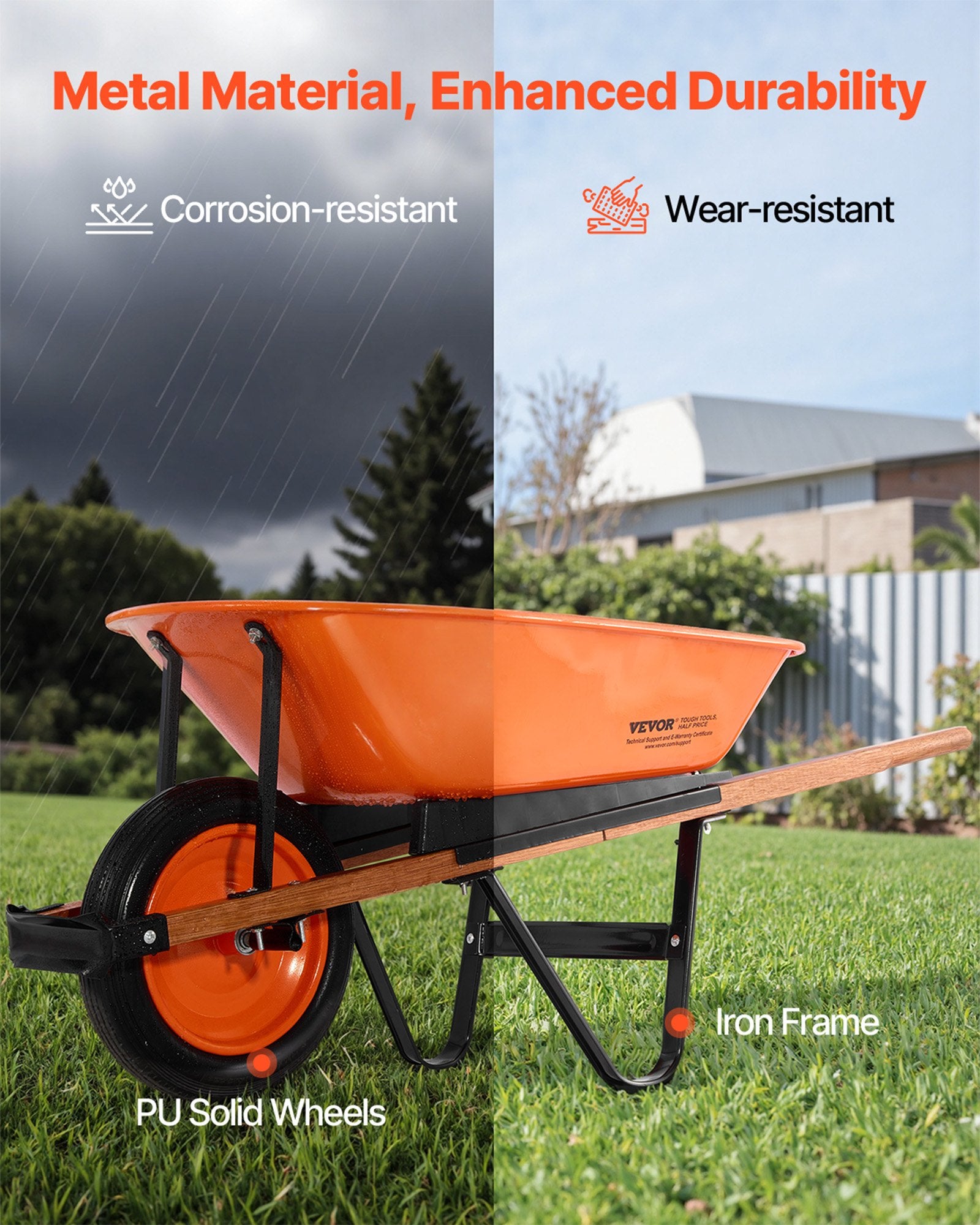 Wheelbarrow Cart, 5 Cu. Ft. Load & 265 Lbs Capacity, One Wheel Garden Dump Cart, Garden Wagon With Metal Handle & 16" Wide Track Wheels, Easy Loading Utility Yard Cart & Wagons For Lawn Farm