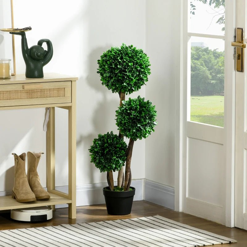 3ft Artificial Tree, Triple Ball Boxwood Topiary With Pot And Sandalwood Leaves, For Indoor Outdoor Home - VibraStore