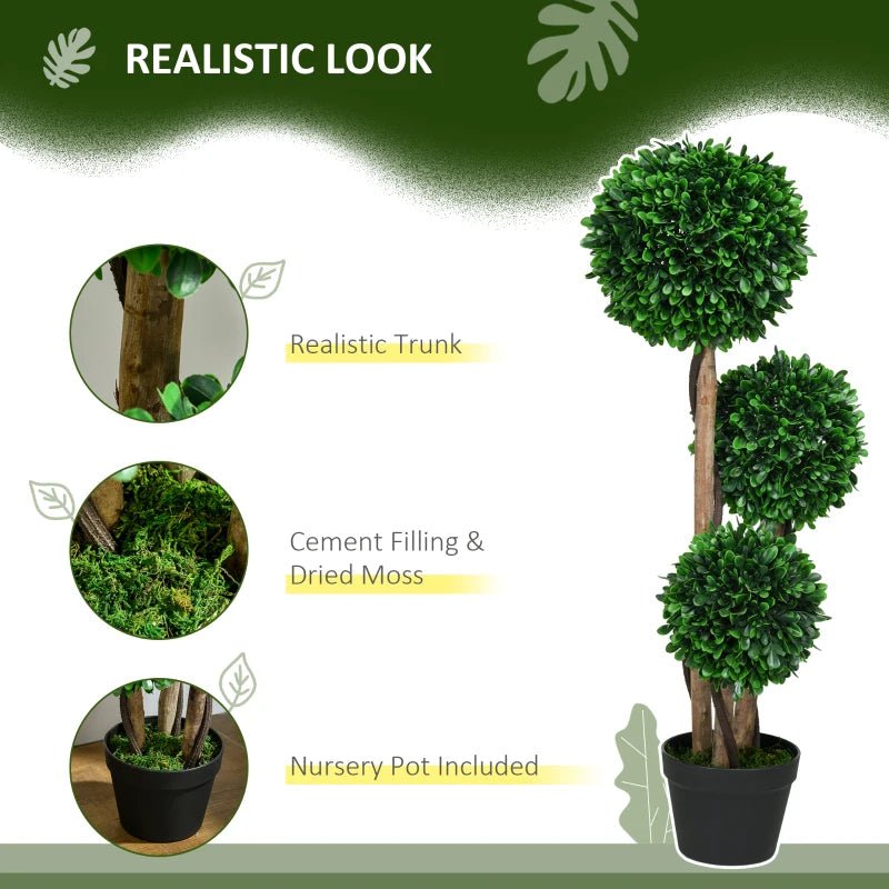 3ft Artificial Tree, Triple Ball Boxwood Topiary With Pot And Sandalwood Leaves, For Indoor Outdoor Home - VibraStore