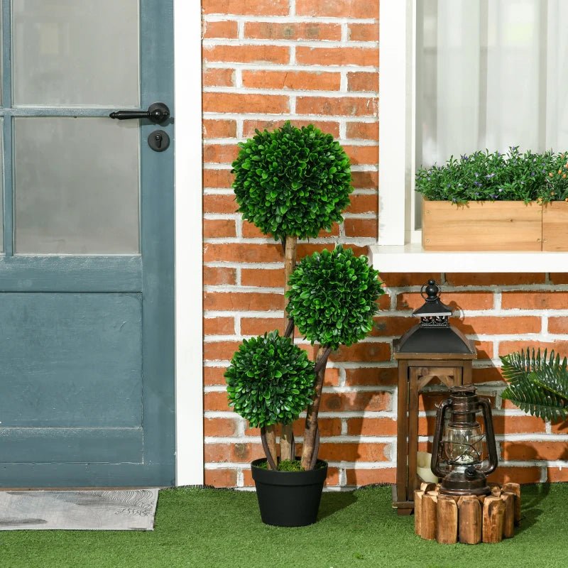 3ft Artificial Tree, Triple Ball Boxwood Topiary With Pot And Sandalwood Leaves, For Indoor Outdoor Home - VibraStore