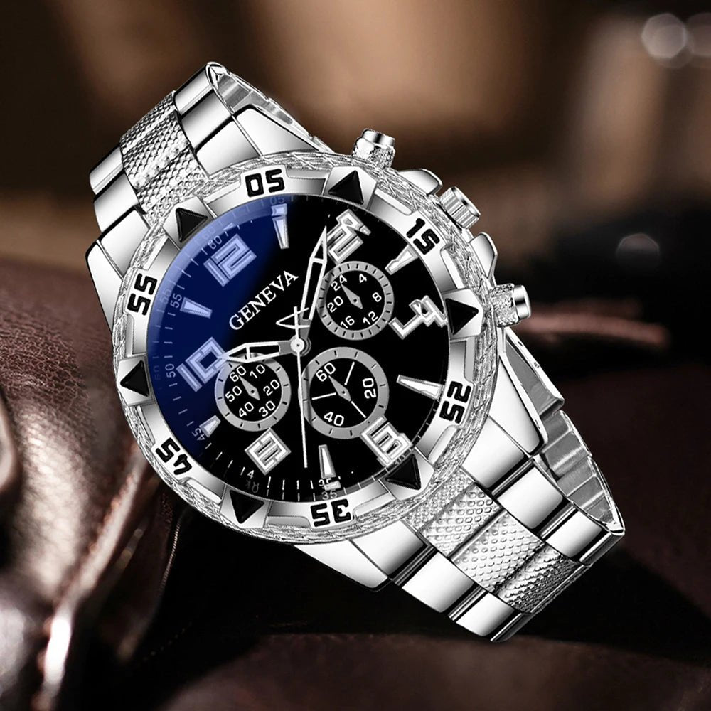 3PC Silver Business Men's Watch Set Luxury Fashion Black Digital Scale Dial Quartz Watch Bracelet Necklace Set Perfect Gift - VibraStore