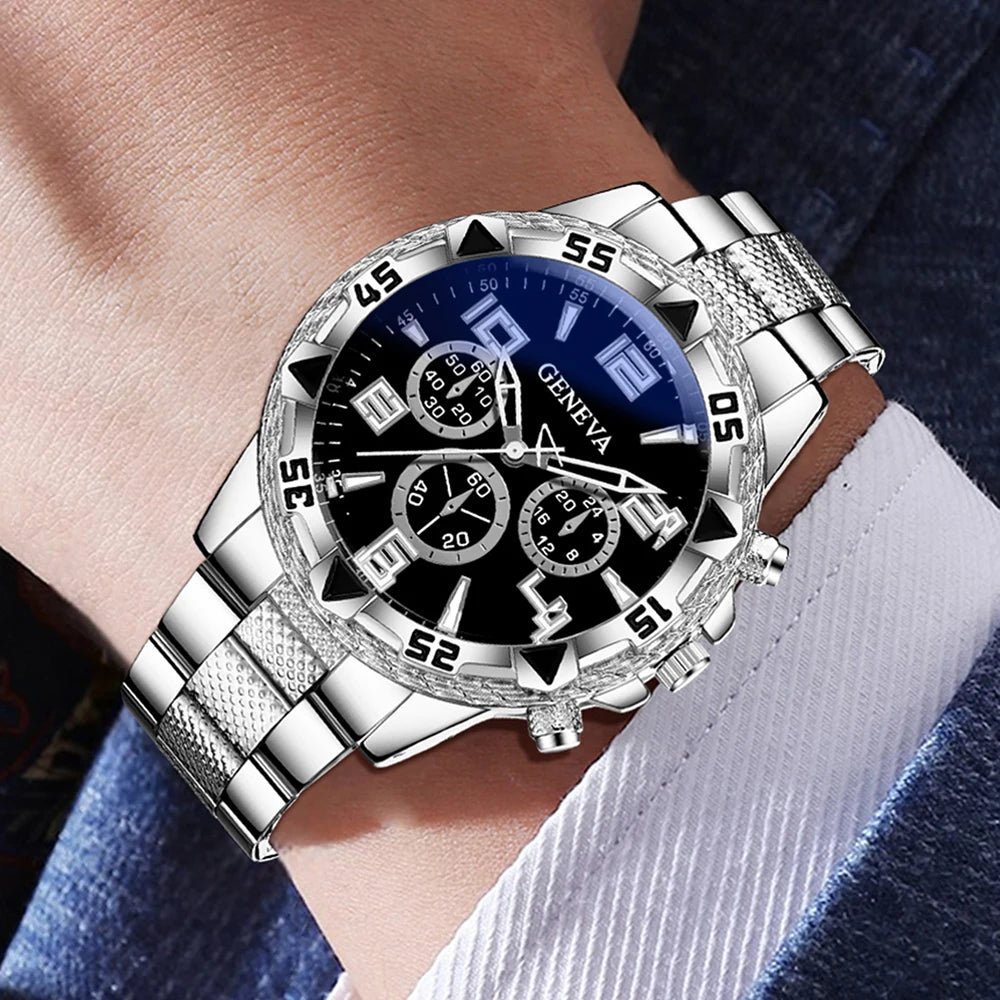 3PC Silver Business Men's Watch Set Luxury Fashion Black Digital Scale Dial Quartz Watch Bracelet Necklace Set Perfect Gift - VibraStore