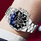 3PC Silver Business Men's Watch Set Luxury Fashion Black Digital Scale Dial Quartz Watch Bracelet Necklace Set Perfect Gift - VibraStore