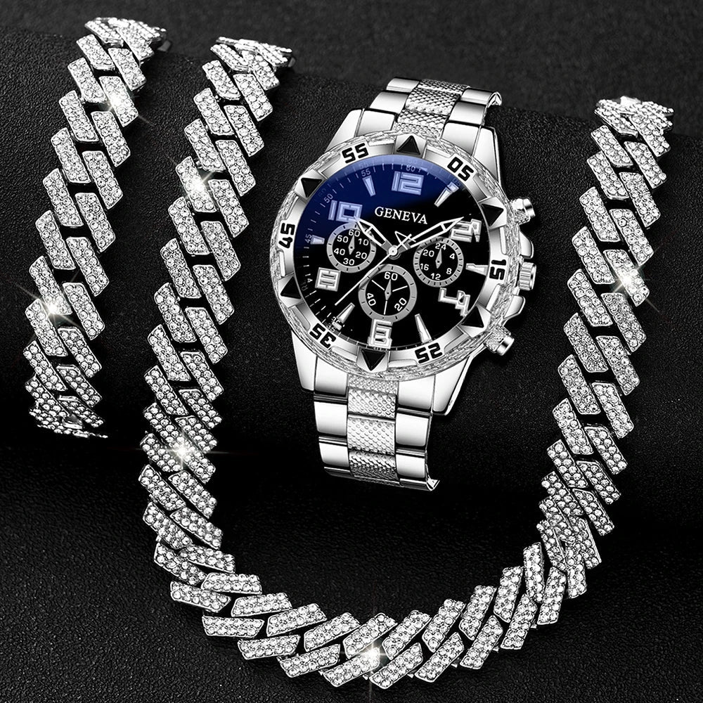 3PC Silver Business Men's Watch Set Luxury Fashion Black Digital Scale Dial Quartz Watch Bracelet Necklace Set Perfect Gift - VibraStore