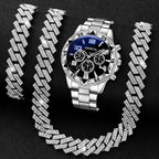 3PC Silver Business Men's Watch Set Luxury Fashion Black Digital Scale Dial Quartz Watch Bracelet Necklace Set Perfect Gift - VibraStore