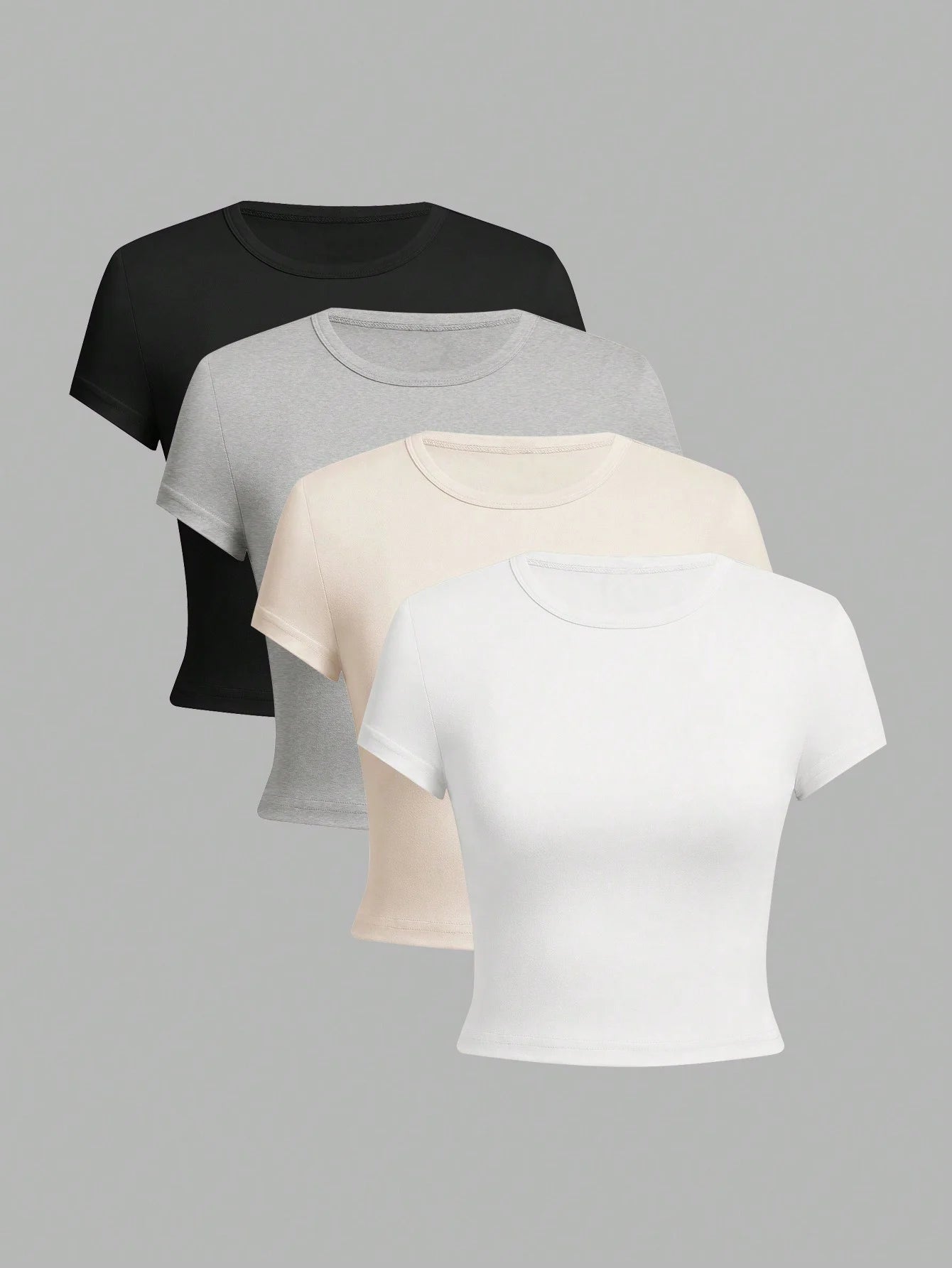 4 piezas de camiseta básica de manga corta de color sólido ajustada para mujer, top informal de verano minimalista con estilo para mujer, cuello redondo - VibraStore