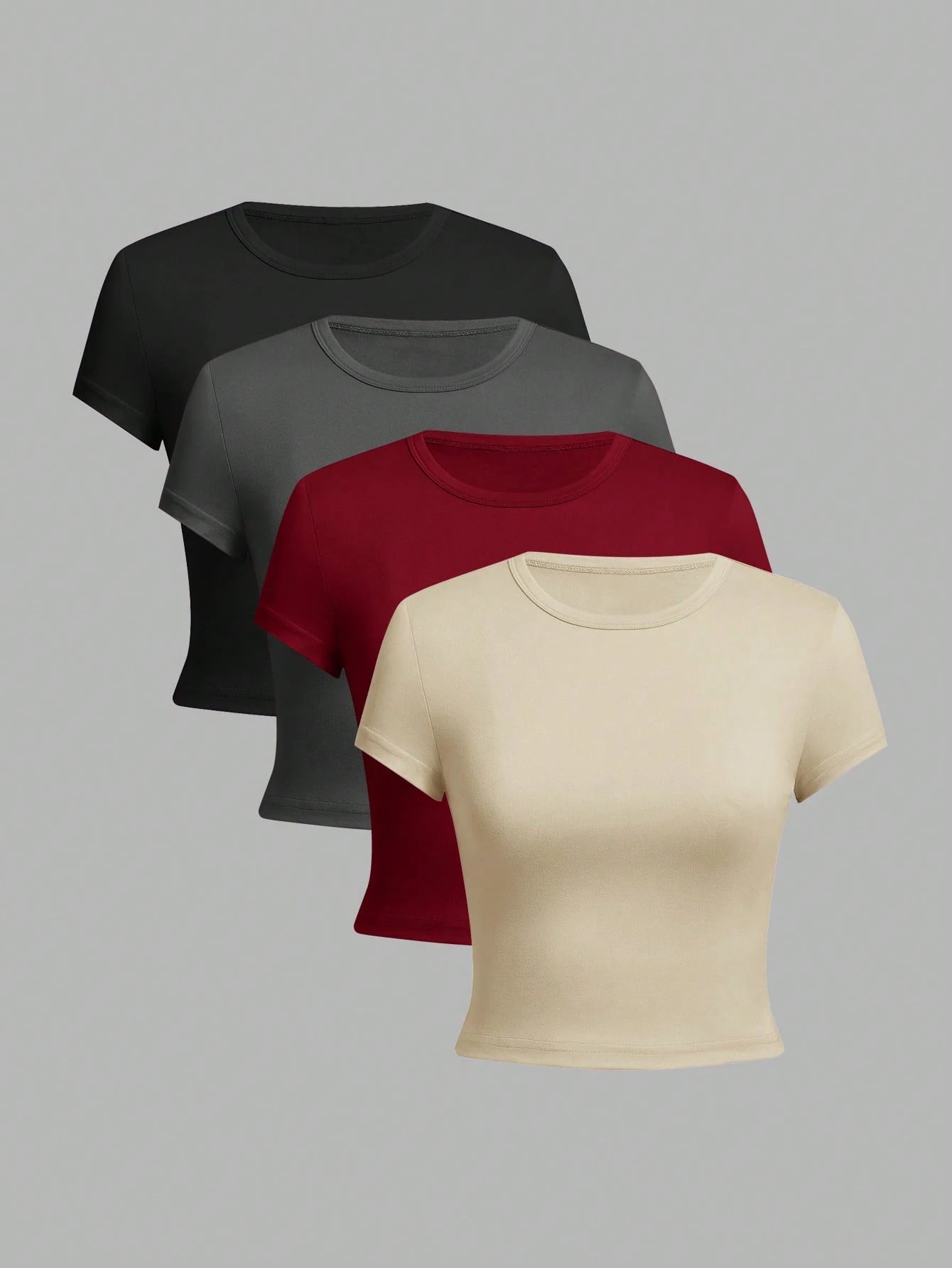 4 piezas de camiseta básica de manga corta de color sólido ajustada para mujer, top informal de verano minimalista con estilo para mujer, cuello redondo - VibraStore