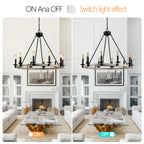 32  Rustic Farmhouse 10-Light Candle Chandelier, Black Metal And Wood Round Hanging Light Fixture For Dining Room, Kitchen, Living Room, Adjustable Height, E12 Bulb Base  No Bulbs