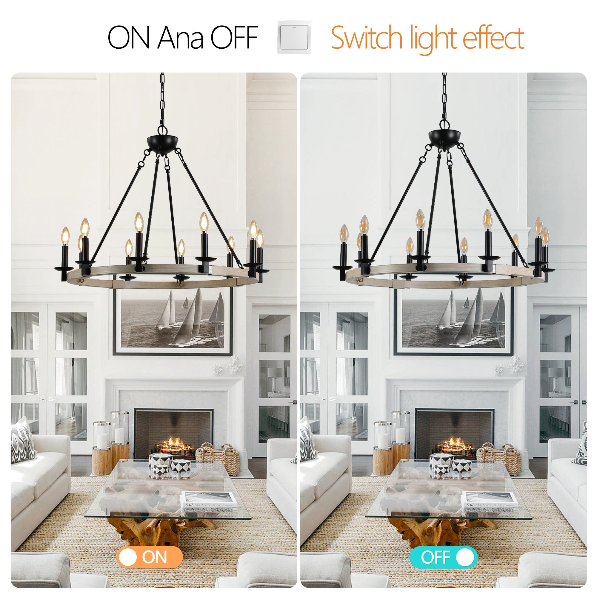 32  Rustic Farmhouse 10-Light Candle Chandelier, Black Metal And Wood Round Hanging Light Fixture For Dining Room, Kitchen, Living Room, Adjustable Height, E12 Bulb Base  No Bulbs