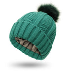 Winter Knitted Hats Fashion Stretchy Lined Skull Hats For Women Faux Fur Pom Pom Hat Keep Warming Beanie Hat
