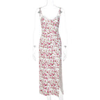 Lace Flowers Print Long Dress Sexy Fashion Slit Suspender Dress Summer Womens Clothing