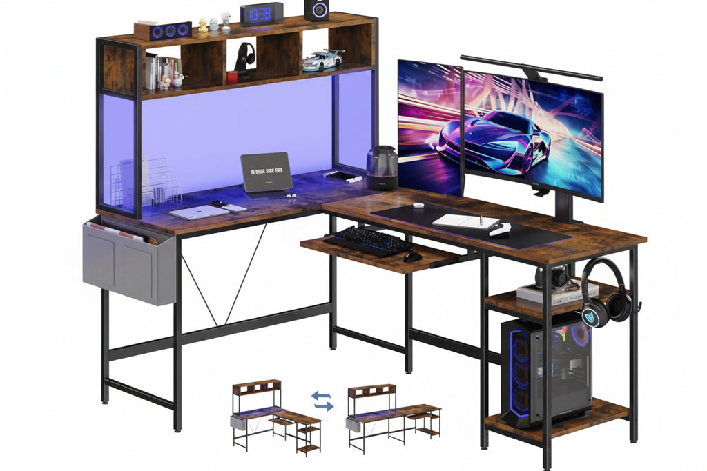 L Shaped Gaming Desk 67, Reversible Computer Desks With Led Lights Corner Table With Keyboard Tray Side Bag Storage Shelf Metal Frame