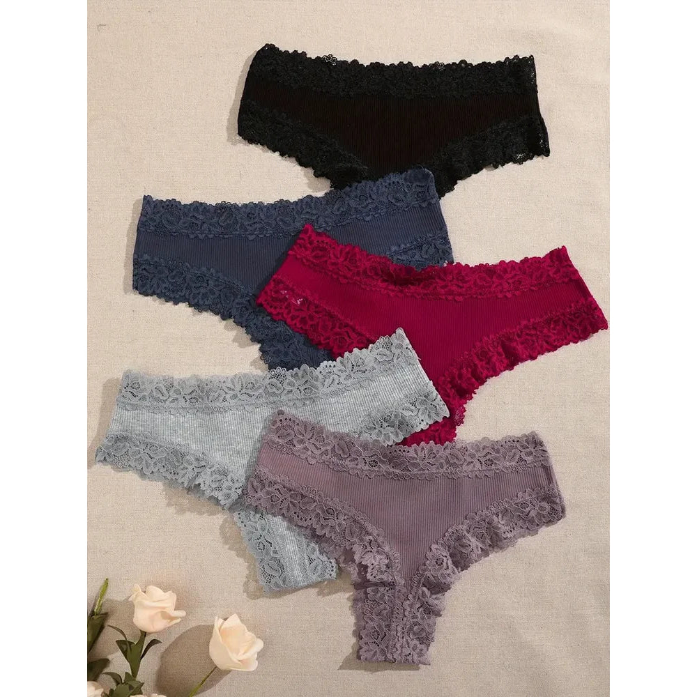 5 unids/set de bragas de algodón para mujer, ropa interior íntima de encaje Floral, bragas de encaje de retales a la moda, calzoncillos suaves para mujer, lencería S - XL - VibraStore