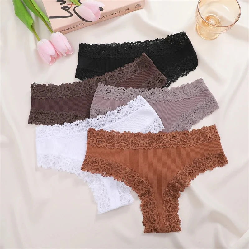 5 unids/set de bragas de algodón para mujer, ropa interior íntima de encaje Floral, bragas de encaje de retales a la moda, calzoncillos suaves para mujer, lencería S - XL - VibraStore
