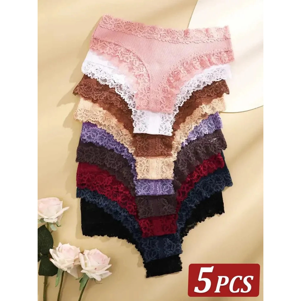 5 unids/set de bragas de algodón para mujer, ropa interior íntima de encaje Floral, bragas de encaje de retales a la moda, calzoncillos suaves para mujer, lencería S - XL - VibraStore