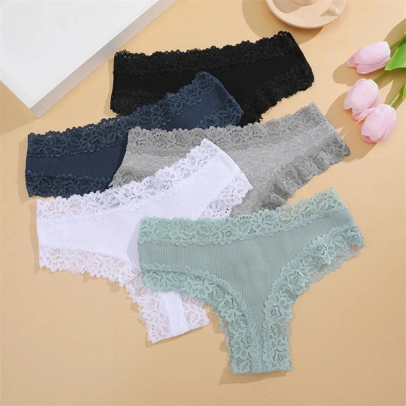 5 unids/set de bragas de algodón para mujer, ropa interior íntima de encaje Floral, bragas de encaje de retales a la moda, calzoncillos suaves para mujer, lencería S - XL - VibraStore