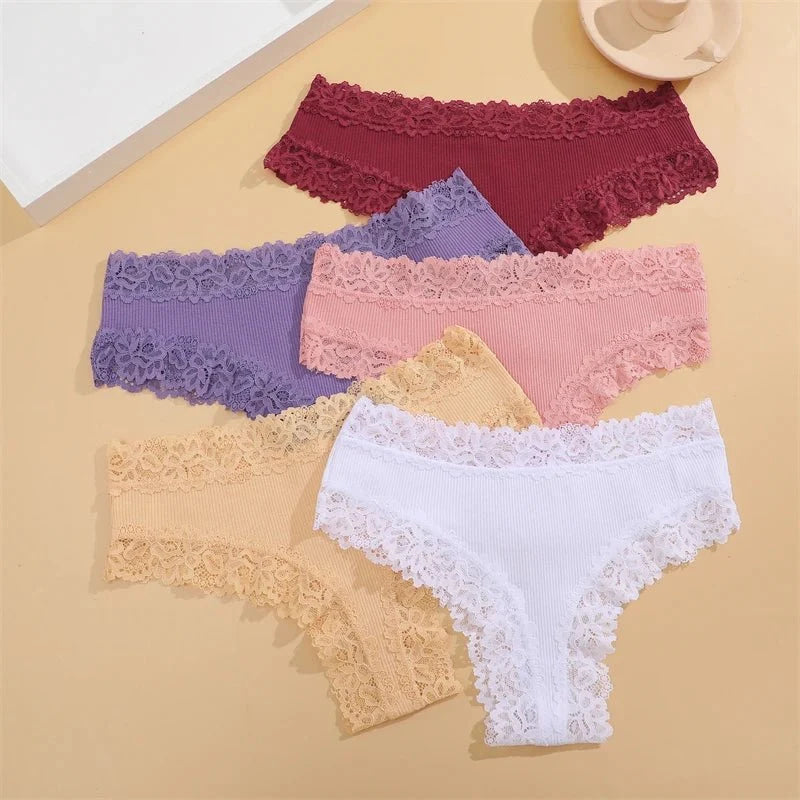 5 unids/set de bragas de algodón para mujer, ropa interior íntima de encaje Floral, bragas de encaje de retales a la moda, calzoncillos suaves para mujer, lencería S - XL - VibraStore