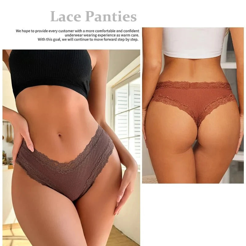 5 unids/set de bragas de algodón sin costuras de encaje para mujer, pantalones brasileños sexis, ropa interior transpirable acanalada para niñas, lencería suave de talla grande S - XL - VibraStore