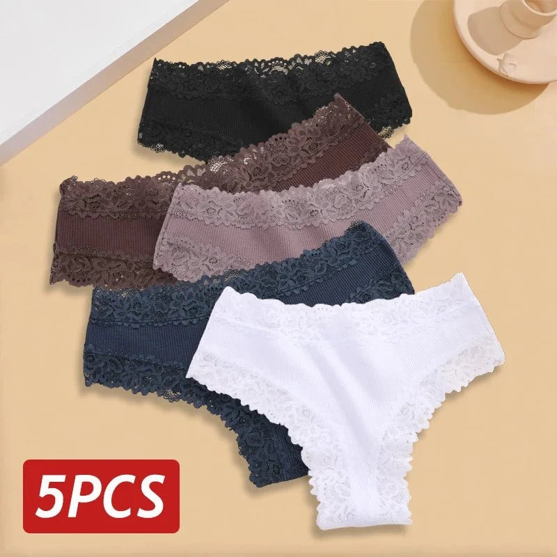 5 unids/set de bragas de algodón sin costuras de encaje para mujer, pantalones brasileños sexis, ropa interior transpirable acanalada para niñas, lencería suave de talla grande S - XL - VibraStore