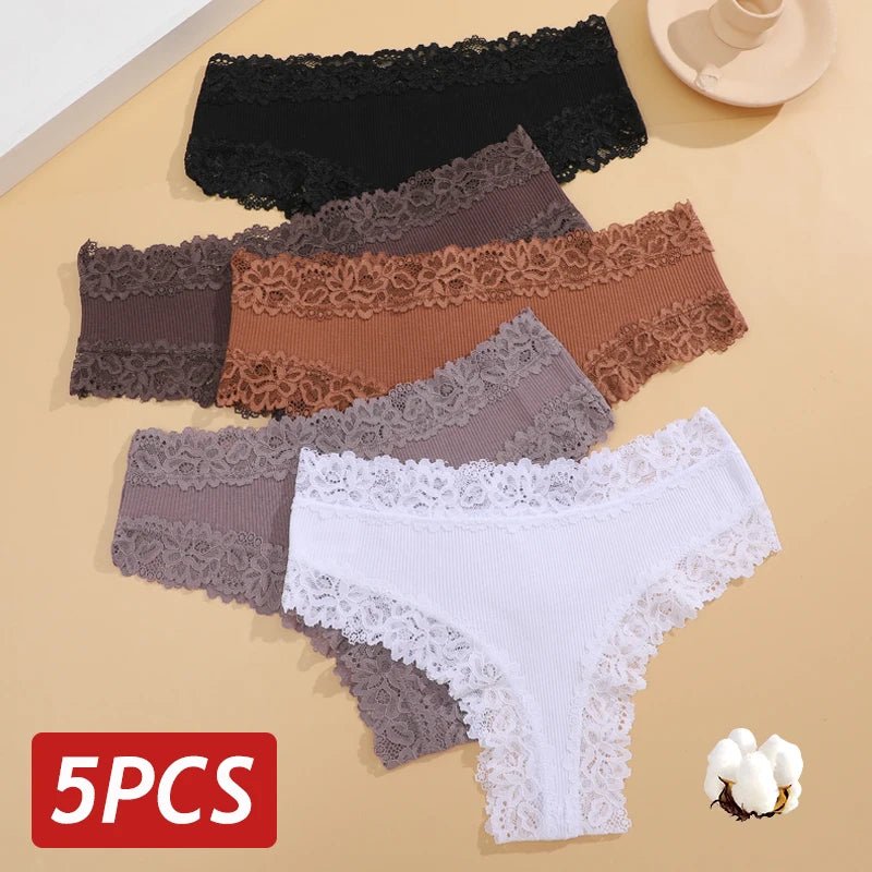 5 unids/set de bragas de algodón sin costuras de encaje para mujer, pantalones brasileños sexis, ropa interior transpirable acanalada para niñas, lencería suave de talla grande S - XL - VibraStore