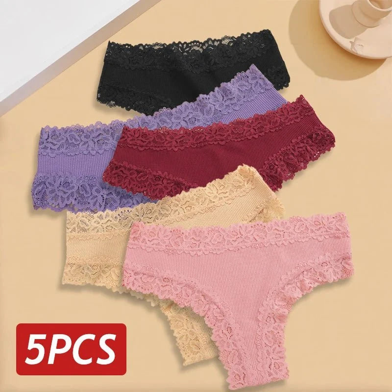 5 unids/set de bragas de algodón sin costuras de encaje para mujer, pantalones brasileños sexis, ropa interior transpirable acanalada para niñas, lencería suave de talla grande S - XL - VibraStore