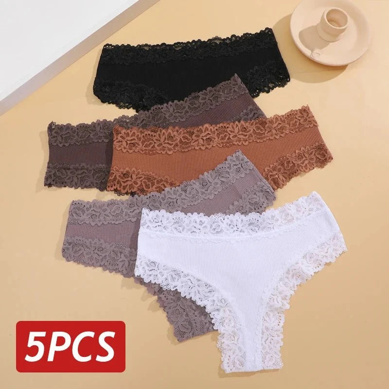 5 unids/set de bragas de algodón sin costuras de encaje para mujer, pantalones brasileños sexis, ropa interior transpirable acanalada para niñas, lencería suave de talla grande S - XL - VibraStore