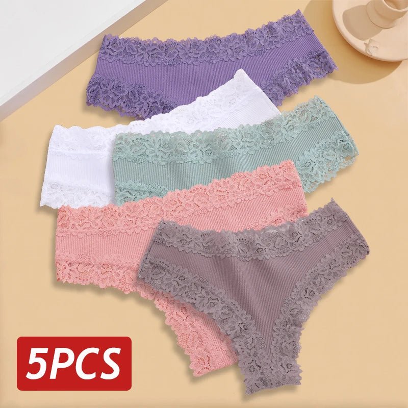 5 unids/set de bragas de algodón sin costuras de encaje para mujer, pantalones brasileños sexis, ropa interior transpirable acanalada para niñas, lencería suave de talla grande S - XL - VibraStore