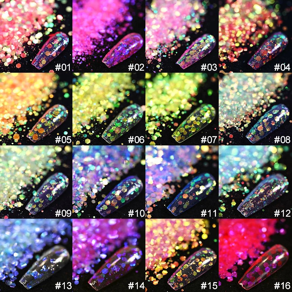 50 g/bolsa de lentejuelas hexagonales mixtas para uñas, copos holográficos gruesos para maquillaje corporal/ojos/cara, decoraciones de manicura brillantes * & - VibraStore