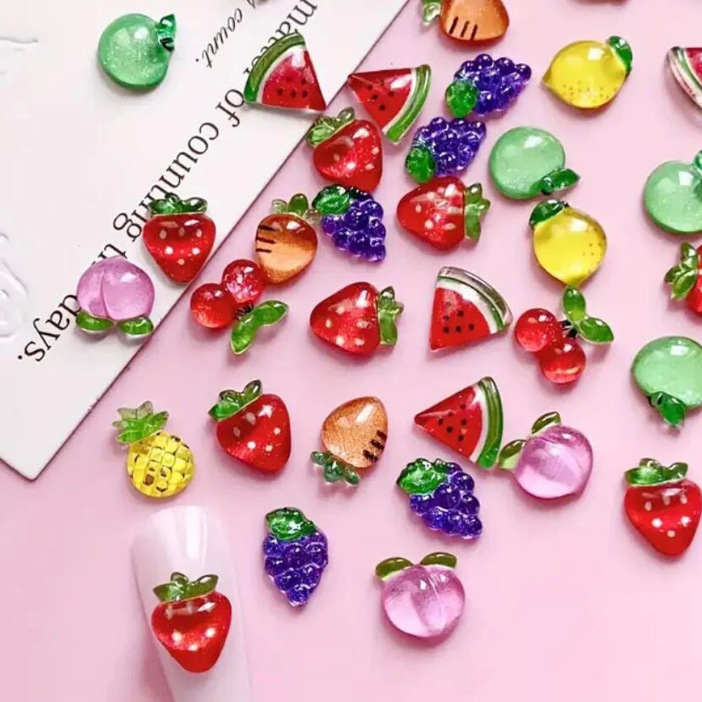 50 Uds. De dijes 3D para uñas de fresa roja dulce, cereza, sandía, mezcla de resina Kawaii, decoración artística de uñas, adorno de parte posterior plana, joyería * - VibraStore