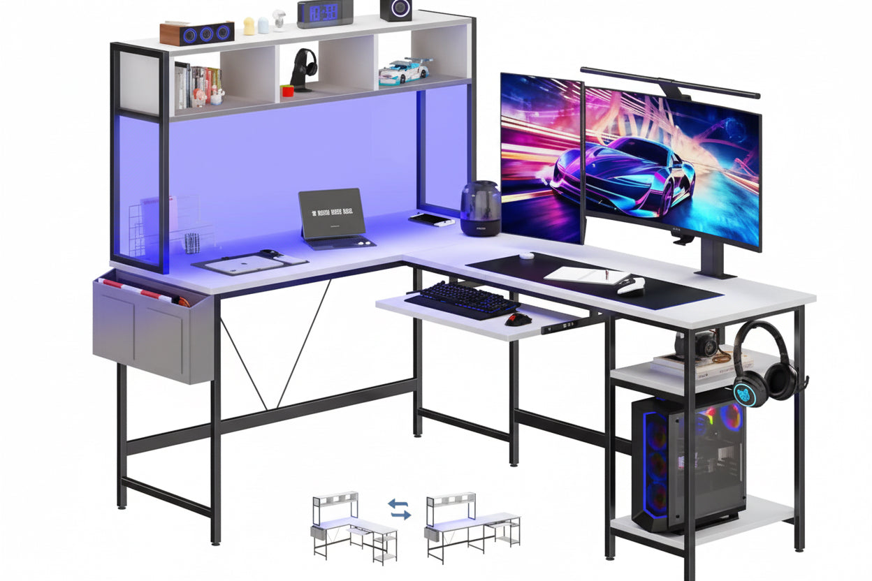 L Shaped Gaming Desk 67, Reversible Computer Desks With Led Lights Corner Table With Keyboard Tray Side Bag Storage Shelf Metal Frame