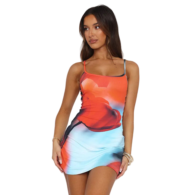 Summer Flowers Printed Suspender Dress Fashion Slim Square Neck Short Dresses Beach Clothing For Women