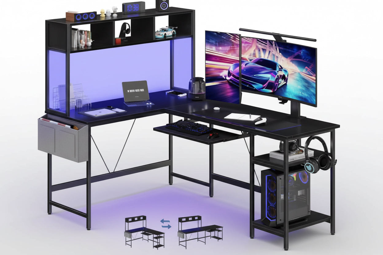 L Shaped Gaming Desk 67, Reversible Computer Desks With Led Lights Corner Table With Keyboard Tray Side Bag Storage Shelf Metal Frame