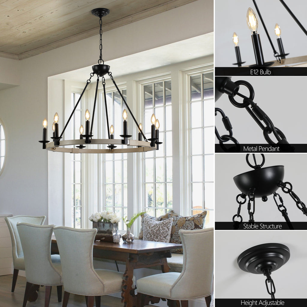 32  Rustic Farmhouse 10-Light Candle Chandelier, Black Metal And Wood Round Hanging Light Fixture For Dining Room, Kitchen, Living Room, Adjustable Height, E12 Bulb Base  No Bulbs