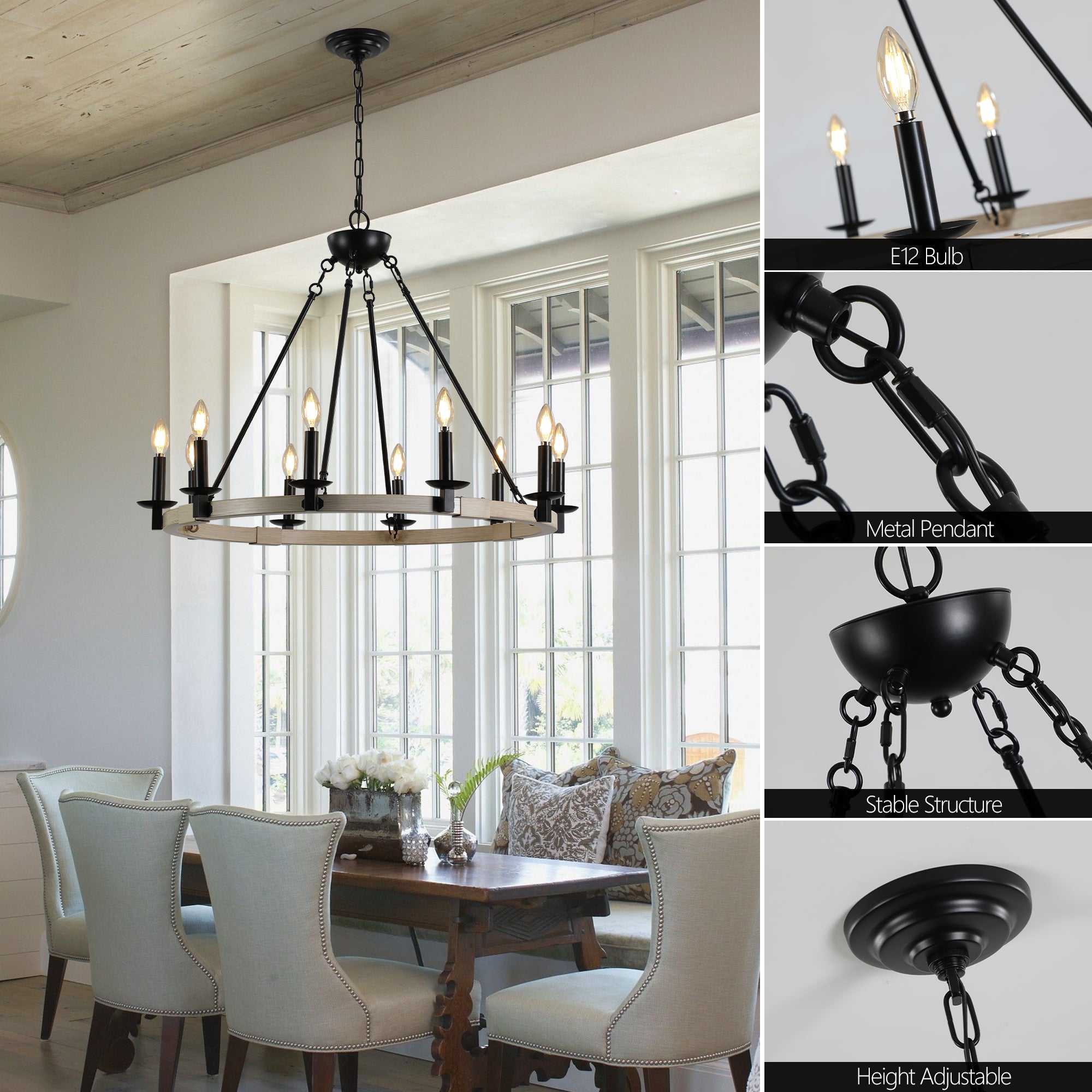 32  Rustic Farmhouse 10-Light Candle Chandelier, Black Metal And Wood Round Hanging Light Fixture For Dining Room, Kitchen, Living Room, Adjustable Height, E12 Bulb Base  No Bulbs